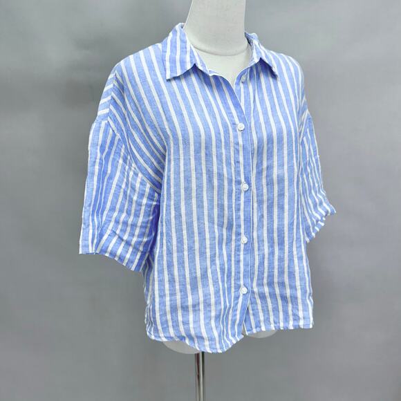 H&M blue striped linen 3/4 sleeve button up cropped top size Small boxy oversize - Picture 2 of 16